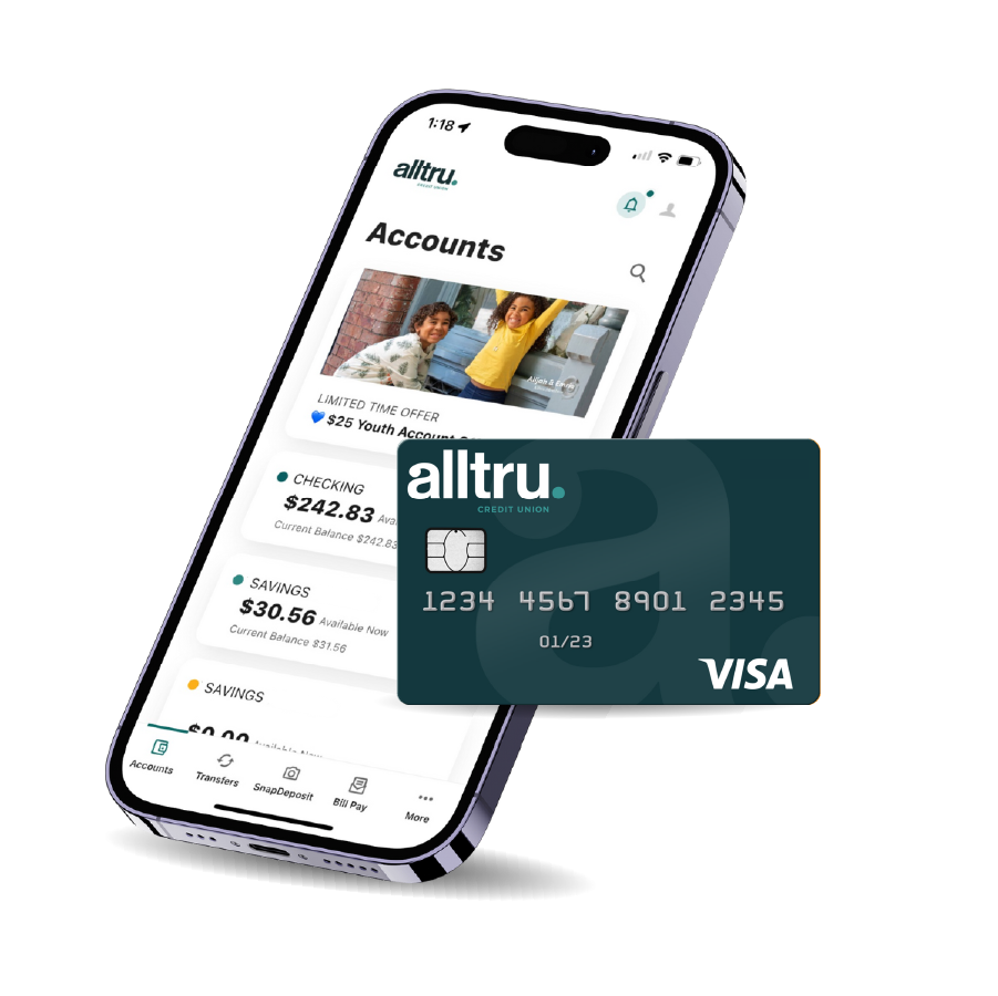 A debit card in front of a smartphone with the Alltru app