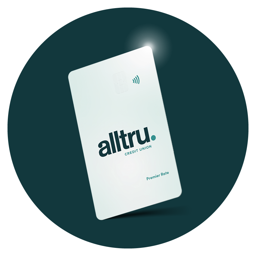 Credit Building Visa | Alltru Credit Union | St. Louis, MO A photo of a contactless credit card in a teal circle