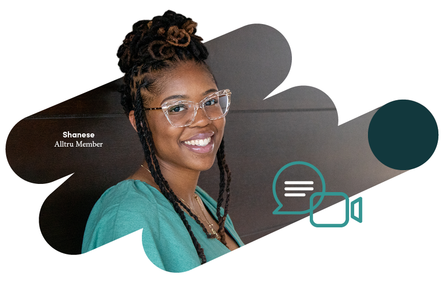 Alltru member Shanese smiling at the camera, inside a swish shape with a chat and video camera icons