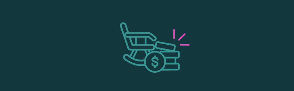 Icons of a rocking chair next to a stack of boxes and a coin