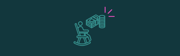 Icons of a person in a rocking chair with coins and a stack of bills