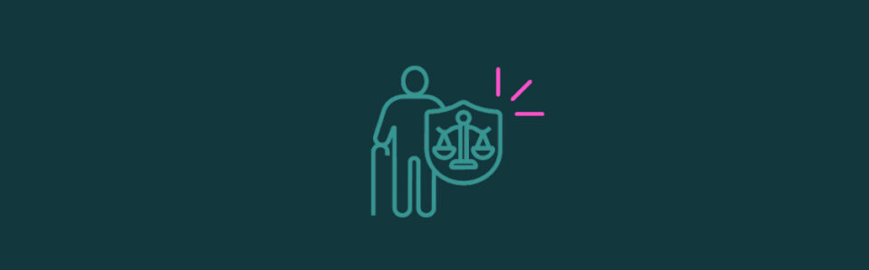Icons of a person with a cane and a scale in a shield