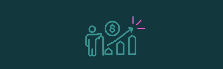 An icon of a person with a cane next to a bar chart and coin