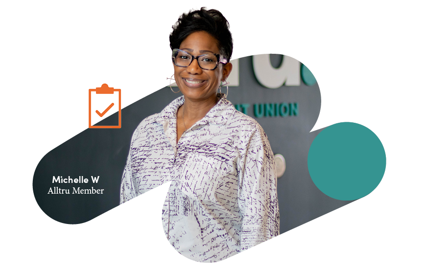 Alltru Member Michelle W in a swish shape and a clipboard icon